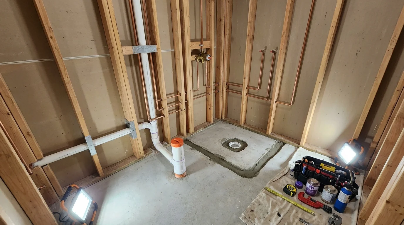 Bathroom rough-in plumbing during remodel by Johns Plumbing LLC in Inola