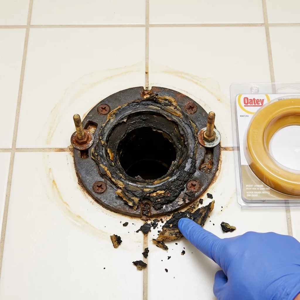 Failed wax ring showing water seepage at the base of a toilet in a Inola, OK home