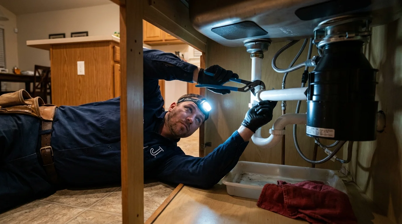 P-trap and supply line connections under a kitchen sink showing a common leak point in Inola, OK